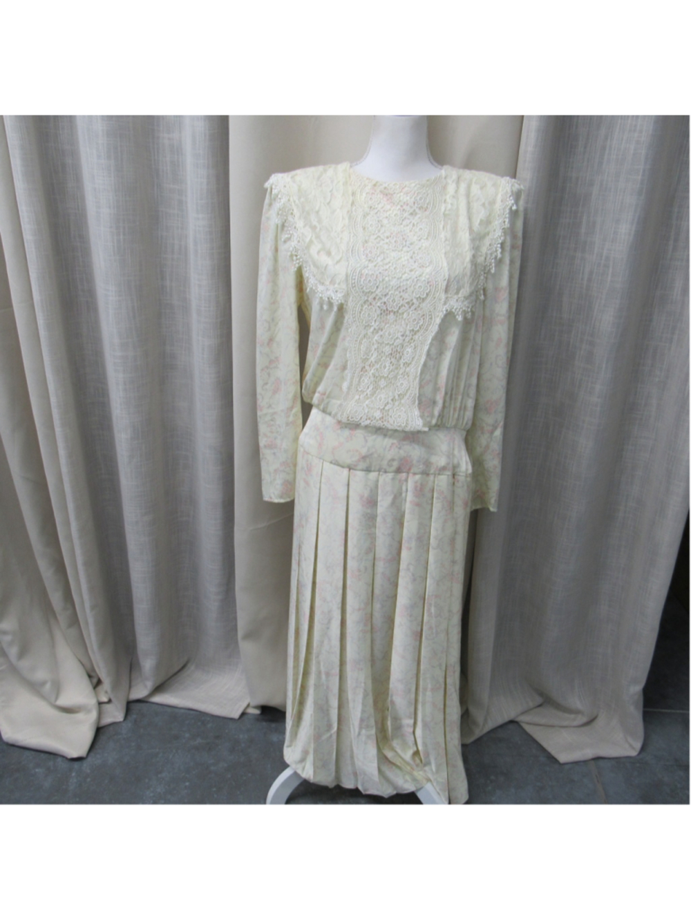 VTG 80s Scott McClintock Pastel Floral Lace Pleated Midi Dress Coquette Size 12